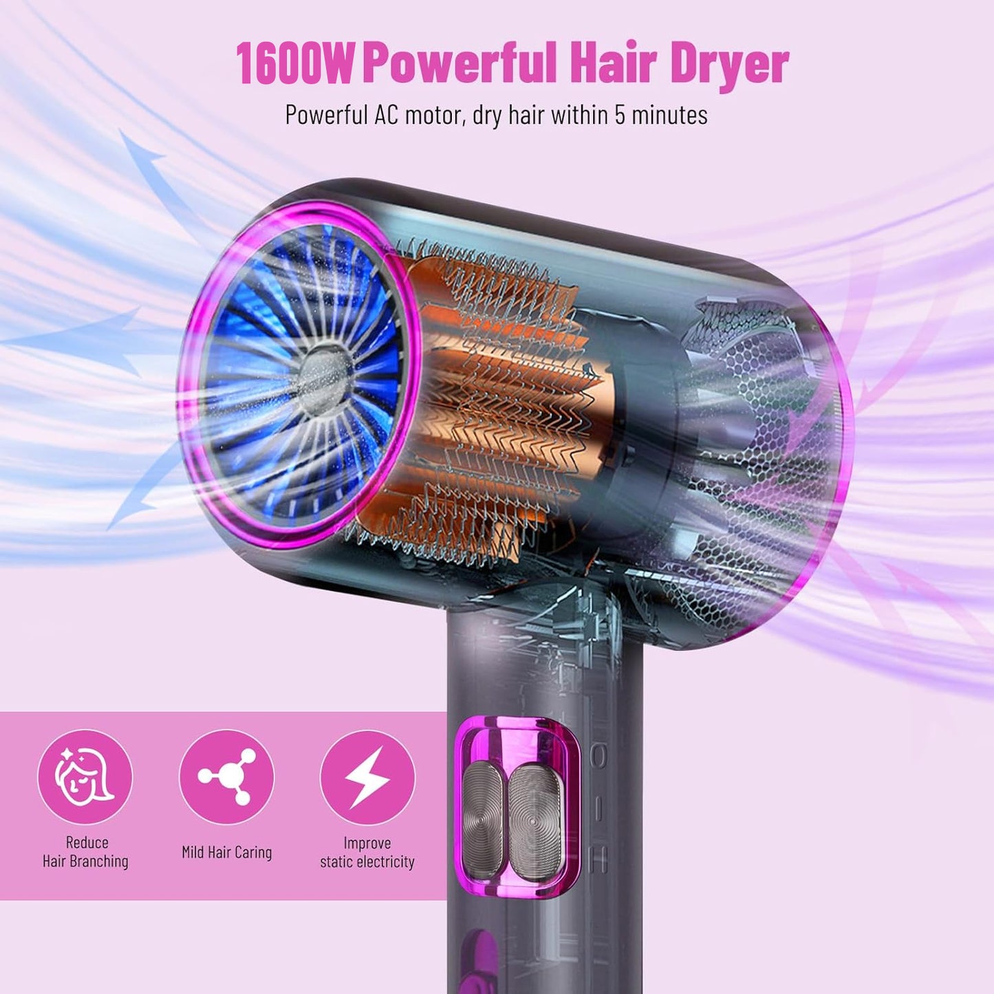 1600W Ion Hair Dryer, 3 Temp/2 Speed, Professional Hair Dryer